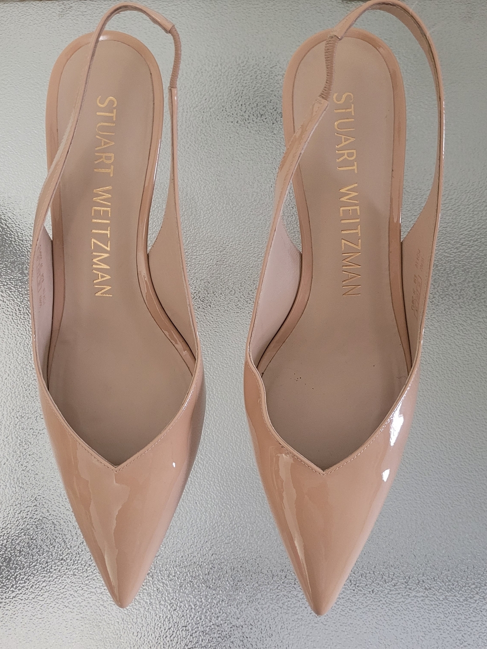 Stuart Weitzman Patent Nude Slingback Pointed-Toe Mules